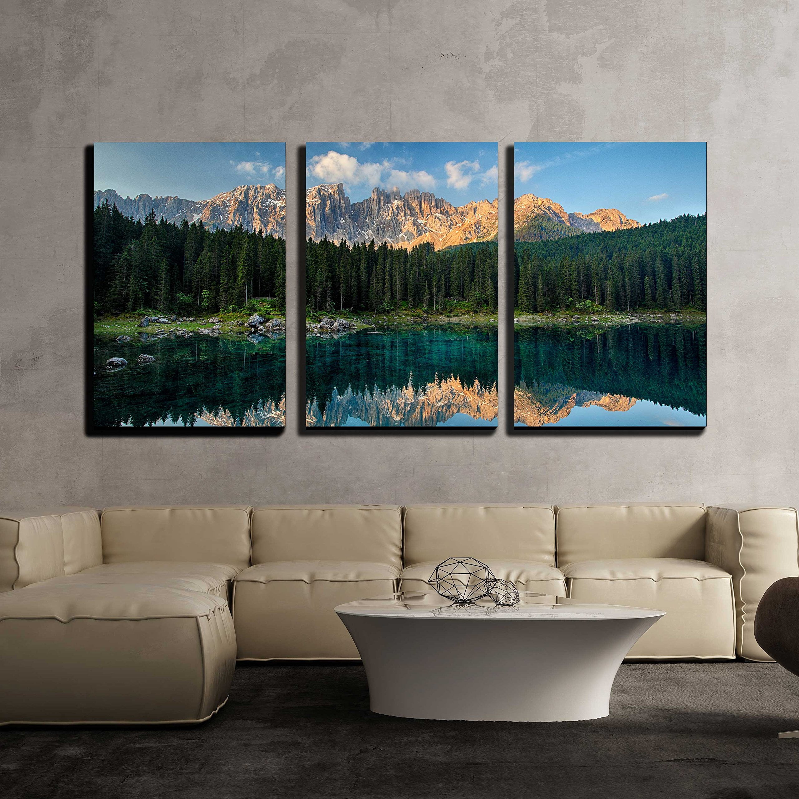 wall26 - 3 Piece Canvas Wall Art - Lake with Mountain Forest Landscape ...