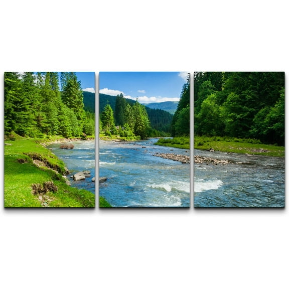 wall26 - 3 Piece Canvas Wall Art - Landscape with Mountains Trees and a River in Front - Modern Home Art Stretched and Framed Ready to Hang - 16"x24"x3 Panels