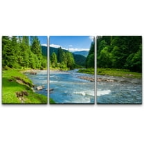 wall26 - 3 Piece Canvas Wall Art - Landscape with Mountains Trees and a River in Front - Modern Home Art Stretched and Framed Ready to Hang - 24"x36"x3 Panels