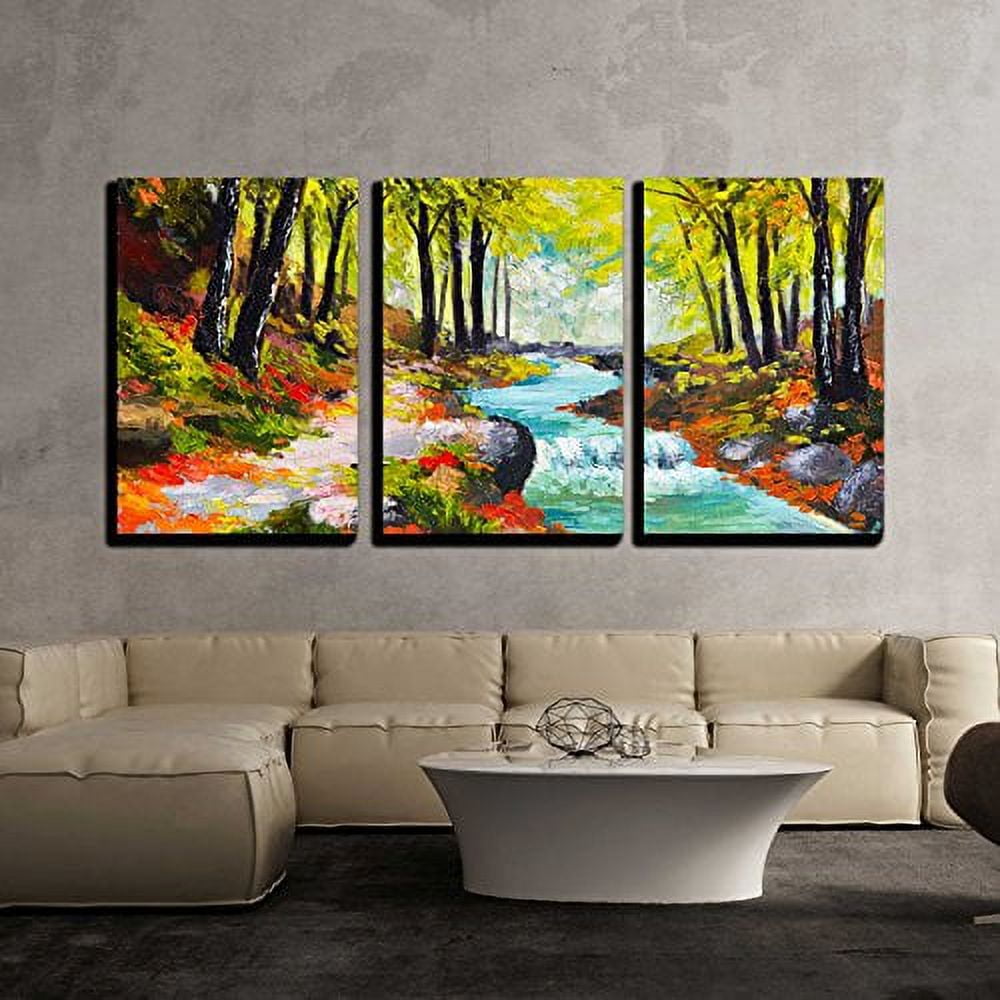 wall26 Piece Canvas Wall Art Landscape Oil Painting River in Autumn  Forest Modern Home Art Stretched and Framed Ready to Hang  24quot;x36quot;x3 Panels