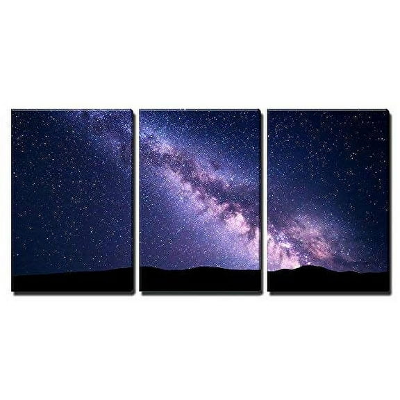 wall26 - 3 Piece Canvas Wall Art - Landscape with Purple Milky Way. Night Sky with Stars and Hills at Summer. - Modern Home Art Stretched and Framed Ready to Hang - 24"x36"x3 Panels