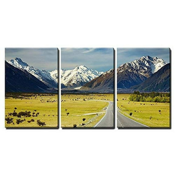 wall26 - 3 Piece Canvas Wall Art - Landscape with Road and Snowy Mountains, Southern Alps, New Zealand - Modern Home Art Stretched and Framed Ready to Hang - 16"x24"x3 Panels