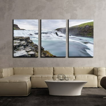 wall26 - 3 Piece Canvas Wall Art - Landscape with Waterfall in Mountains - Modern Home Art Stretched and Framed Ready to Hang - 24&quot;x36&quot;x3 Panels