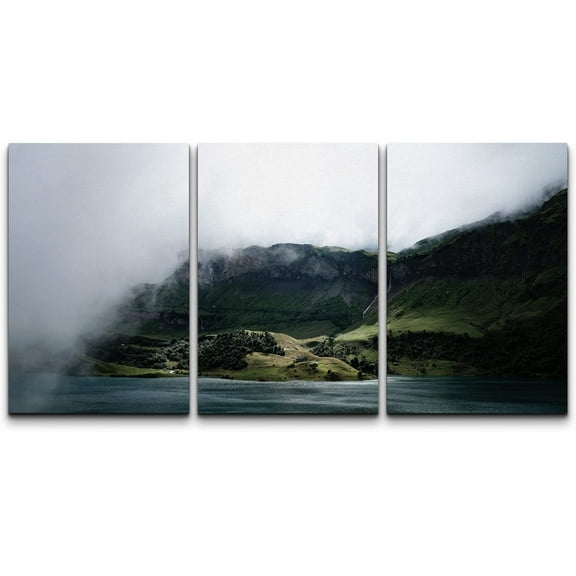 wall26 - 3 Piece Canvas Wall Art - Landscape with Mountains in Fog - Modern Home Art Stretched and Framed Ready to Hang - 16"x24"x3 Panels