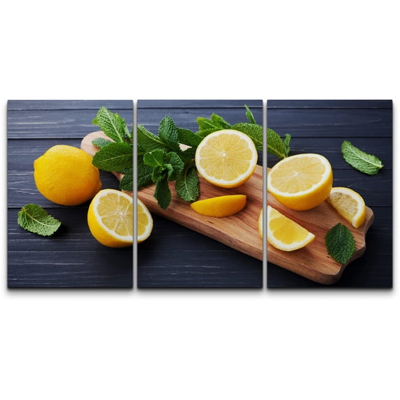 wall26 - 3 Piece Canvas Wall Art - Lemon and Mint Leaves Served on Wooden Kitchen Board on Black Rustic Table - Modern Home Art Stretched and Framed Ready to Hang - 16"x24"x3 Panels