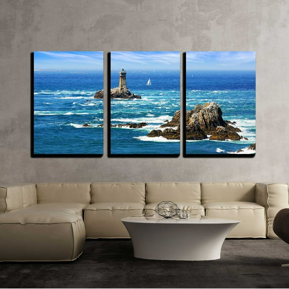 wall26 - 3 Piece Canvas Wall Art - Lighthouse on Cape Sizun, Pointe du Raz Brittany, France - Modern Home Art Stretched and Framed Ready to Hang - 24"x36"x3 Panels