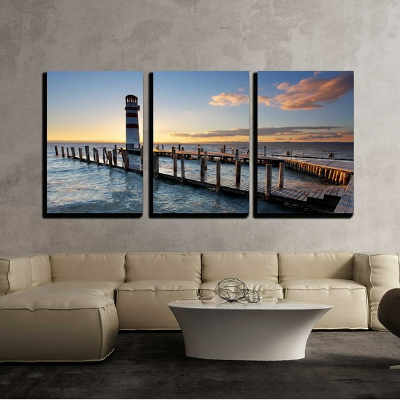 wall26 - 3 Piece Canvas Wall Art - Lighthouse at Lake Neusiedl at Sunset - Modern Home Art Stretched and Framed Ready to Hang - 24"x36"x3 Panels