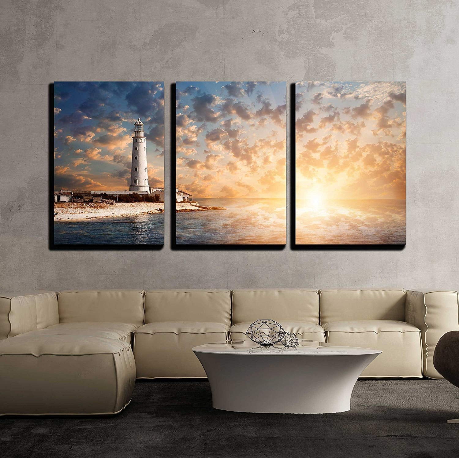 wall26 - 3 Piece Canvas Wall Art - Lighthouse and Beautiful Sunset ...