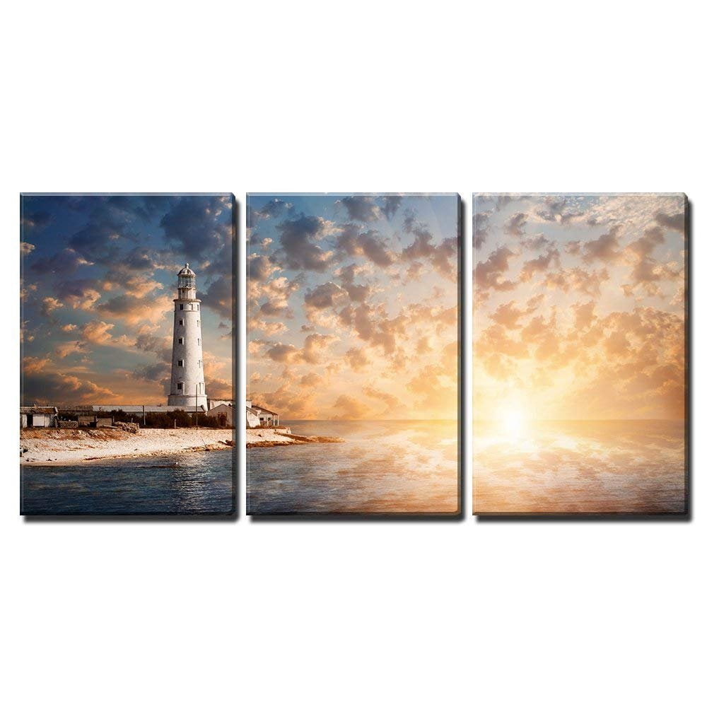 wall26 - 3 Piece Canvas Wall Art - Lighthouse and Beautiful Sunset ...
