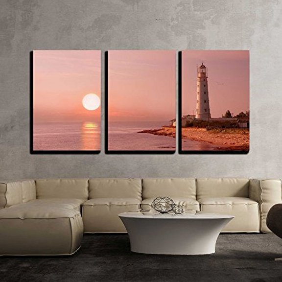 wall26 - 3 Piece Canvas Wall Art - Lighthouse and Sunset - Modern Home Art Stretched and Framed Ready to Hang - 16"x24"x3 Panels