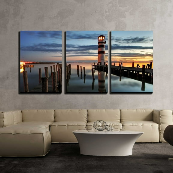 wall26 - 3 Piece Canvas Wall Art - Lighthouse at Night in Austria - Modern Home Art Stretched and Framed Ready to Hang - 24"x36"x3 Panels