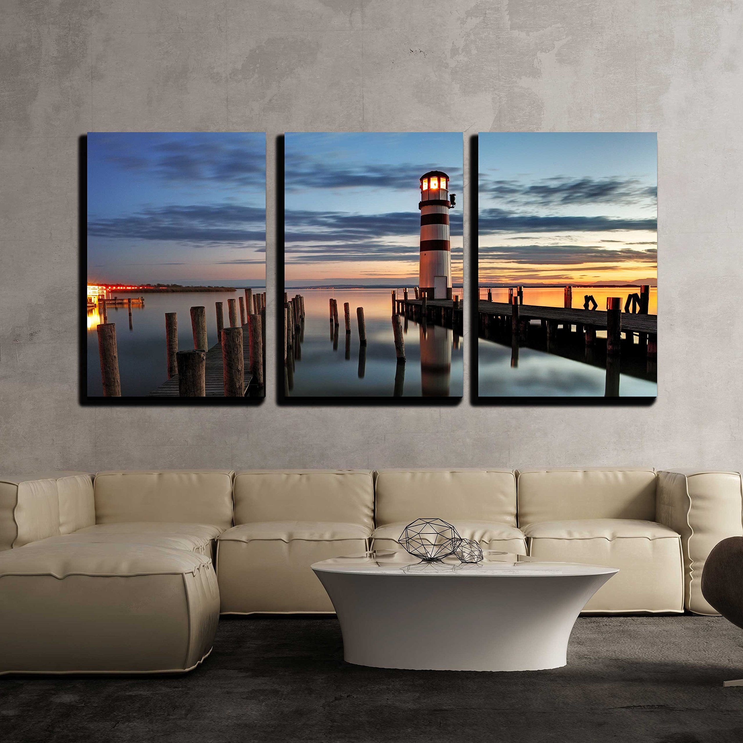 wall26 - 3 Piece Canvas Wall Art - Lighthouse at Night in Austria ...
