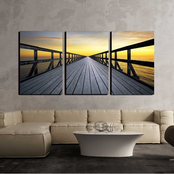 wall26 - 3 Piece Canvas Wall Art - Long pier Disappearing into Orange Sunset - Modern Home Art Stretched and Framed Ready to Hang - 24"x36"x3 Panels