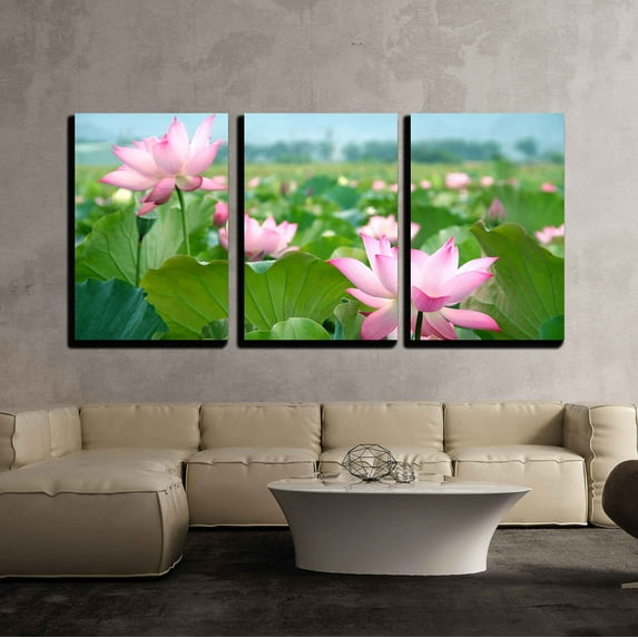 wall26 - 3 Piece Canvas Wall Art - Lotus Flower Blossom - Modern Home Art Stretched and Framed Ready to Hang - 16"x24"x3 Panels