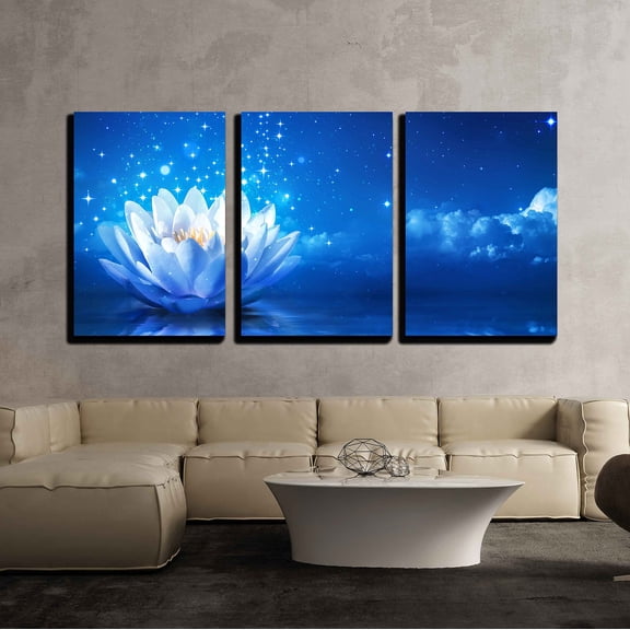 wall26 - 3 Piece Canvas Wall Art - Lotus Flower Floating on Water by Moonlight - Modern Home Art Stretched and Framed Ready to Hang - 16"x24"x3 Panels