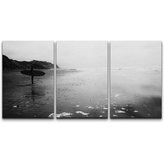 wall26 - 3 Piece Canvas Wall Art - a Man with Surf Board Standing at Beach in Black and White - Modern Home Art Stretched and Framed Ready to Hang - 24"x36"x3 Panels