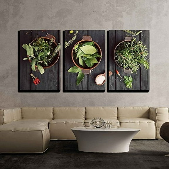 wall26 - 3 Piece Canvas Wall Art - Mediterranean Herbs and Ingredients: Rosemary, Thyme, Sage, Salt, Oregano - Modern Home Art Stretched and Framed Ready to Hang - 24"x36"x3 Panels