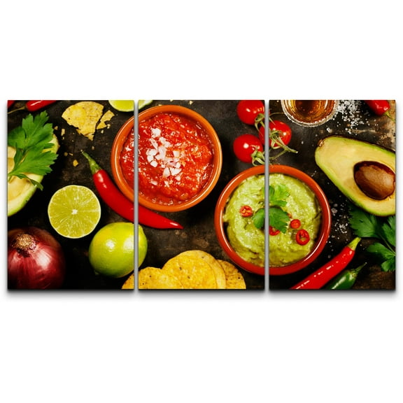 wall26 3 Piece Canvas Wall Art - Mexican Food: Tortilla Chips, Guacamole, Salsa, Tequila Shots - Home Art Stretched and Framed Ready to Hang - 16"x24" in