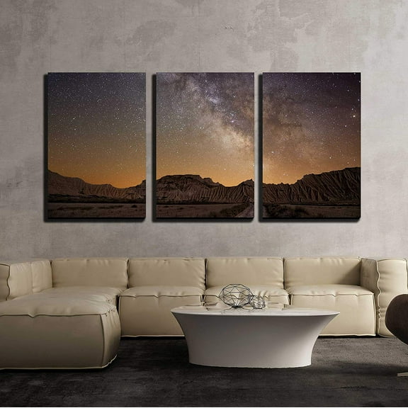 wall26 - 3 Piece Canvas Wall Art - Milky Way Over The Desert of Bardenas, Spain - Modern Home Art Stretched and Framed Ready to Hang - 16"x24"x3 Panels