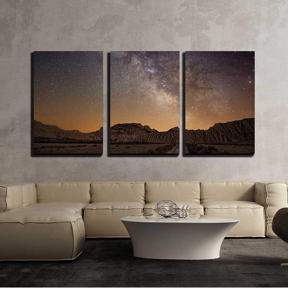 wall26 - 3 Piece Canvas Wall Art - Milky Way Over The Desert of Bardenas, Spain - Modern Home Art Stretched and Framed Ready to Hang - 24"x36"x3 Panels