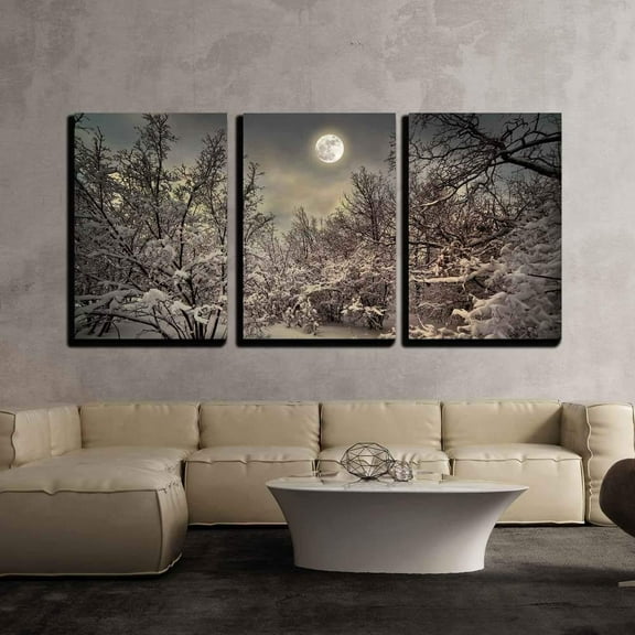 wall26 - 3 Piece Canvas Wall Art - Moonlight Night in Winter Wood - Modern Home Art Stretched and Framed Ready to Hang - 24"x36"x3 Panels