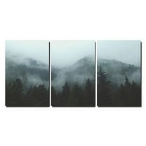 wall26 - 3 Piece Canvas Wall Art - Mountain Forest in Fog - Modern Home Art Stretched and Framed Ready to Hang - 24"x36"x3 Panels