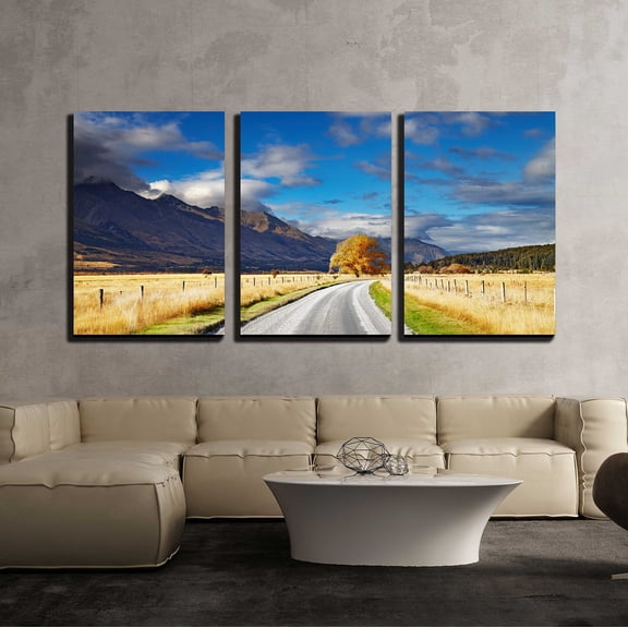 wall26 - 3 Piece Canvas Wall Art - Mountain Landscape with Road and Blue Sky, Otago, New Zealand - Modern Home Art Stretched and Framed Ready to Hang - 16"x24"x3 Panels