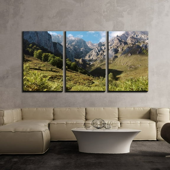 wall26 - 3 Piece Canvas Wall Art - Mountain Valley with Trees and Grass - Modern Home Art Stretched and Framed Ready to Hang - 24"x36"x3 Panels