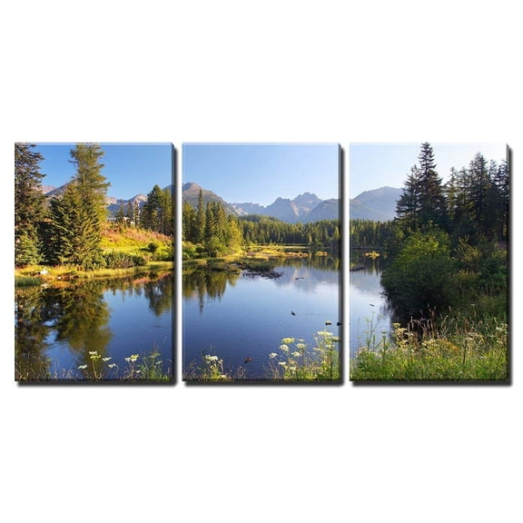wall26 - 3 Piece Canvas Wall Art - Nature Mountain Scene with Beautiful Lake in Slovakia Tatra - Strbske Pleso - Modern Home Art Stretched and Framed Ready to Hang - 24"x36"x3 Panels
