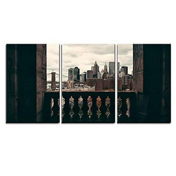 wall26 - 3 Piece Canvas Wall Art - New York City Downtown Architecture Skyline Through Abandoned Balcony. - Modern Home Art Stretched and Framed Ready to Hang - 16"x24"x3 Panels