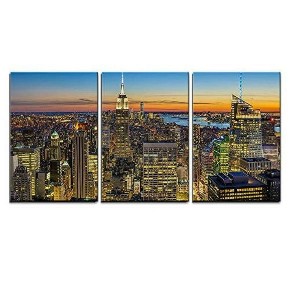 wall26 - 3 Piece Canvas Wall Art - New York City Skyline with Urban Skyscrapers at Sunset, USA - Modern Home Art Stretched and Framed Ready to Hang - 16"x24"x3 Panels