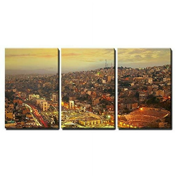 wall26 - 3 Piece Canvas Wall Art - Night Lights of Amman - Capital of Jordan - Modern Home Art Stretched and Framed Ready to Hang - 24"x36"x3 Panels