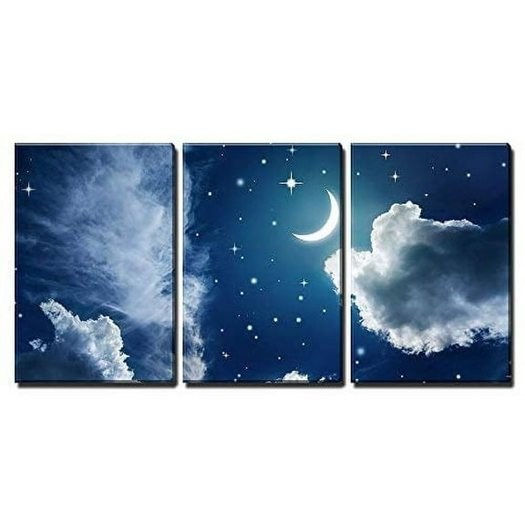 wall26 - 3 Piece Canvas Wall Art - Night Sky with Stars and Moon - Modern Home Art Stretched and Framed Ready to Hang - 16"x24"x3 Panels