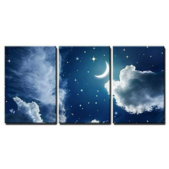 wall26 - 3 Piece Canvas Wall Art - Night Sky with Stars and Moon - Modern Home Art Stretched and Framed Ready to Hang - 16"x24"x3 Panels