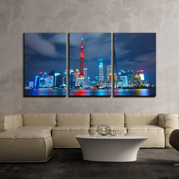wall26 - 3 Piece Canvas Wall Art - Night Skyline of Downtown Shanghai - Modern Home Art Stretched and Framed Ready to Hang - 24"x36"x3 Panels
