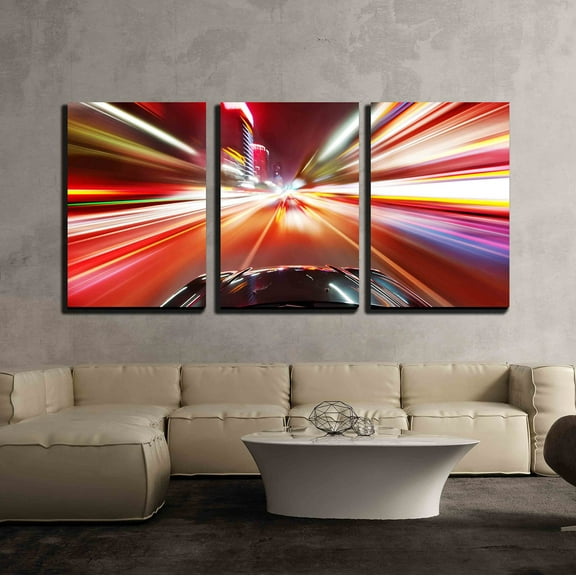 wall26 - 3 Piece Canvas Wall Art - Night Traffic,Shoot from The Window of Rush Car,Motion Blur Steet Light - Modern Home Art Stretched and Framed Ready to Hang - 24"x36"x3 Panels