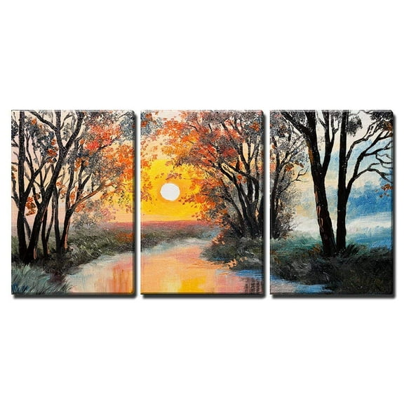 wall26 - 3 Piece Canvas Wall Art - Oil Painting on Canvas - The River, Watercolor, Wallpaper, Tree - Modern Home Art Stretched and Framed Ready to Hang - 24"x36"x3 Panels