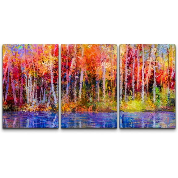 wall26 - 3 Piece Canvas Wall Art - Oil Painting Colorful Autumn Trees. Semi Abstract Image of Forest, Aspen Trees with Yellow - Modern Home Art Stretched and Framed Ready to Hang - 24"x36"x