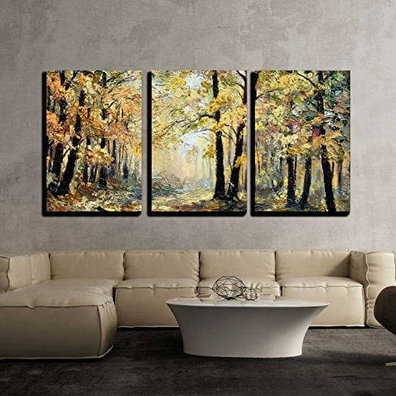 wall26 - 3 Piece Canvas Wall Art - Oil Painting Landscape - Autumn Forest, Full of Fallen Leaves, Colorful Picture - Modern Home Art Stretched and Framed Ready to Hang - 24"x36"x3 Panels