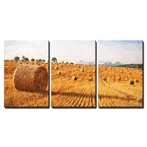wall26 - 3 Piece Canvas Wall Art - Oil Painting Summer Landscape - Hay Bales on The Field After Harvest - Modern Home Art Stretched and Framed Ready to Hang - 16"x24"x3 Panels