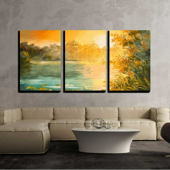 wall26 - 3 Piece Canvas Wall Art - Oil Painting - Sunset on The Lake, Colorfull Art Drawing, Autumn, Yellow - Modern Home Art Stretched and Framed Ready to Hang - 16"x24"x3 Panels
