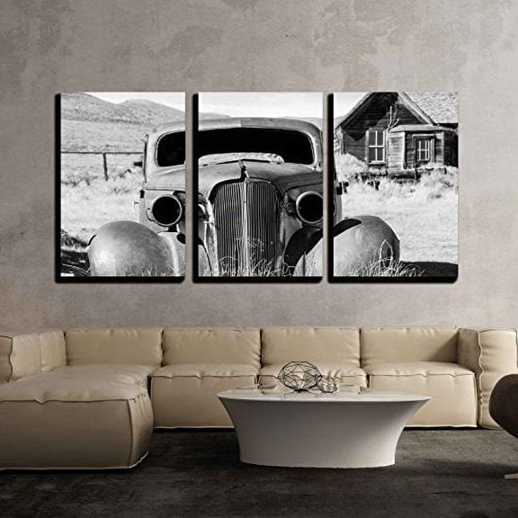 wall26 - 3 Piece Canvas Wall Art - Old Abandoned Car in Black and White Has Seen Better Days - Modern Home Art Stretched and Framed Ready to Hang - 16"x24"x3 Panels