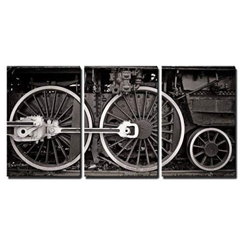 wall26 - 3 Piece Canvas Wall Art - Old Locomotive Wheel Detail in Warm Black and White - Modern Home Art Stretched and Framed Ready to Hang - 24"x36"x3 Panels