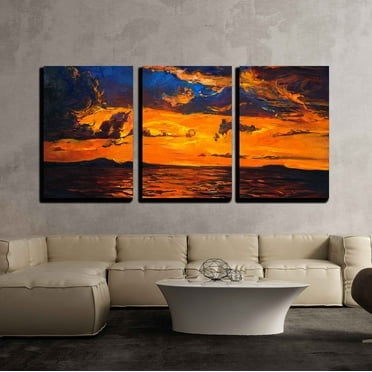 wall26 - 3 Piece Canvas Wall Art - Original Oil Painting of Ocean and Cliffs on Canvas.Rich Golden Sunset Over Ocean - Modern Home Art Stretched and Framed Ready to Hang - 16&quot;x24&quot;x3 Panels