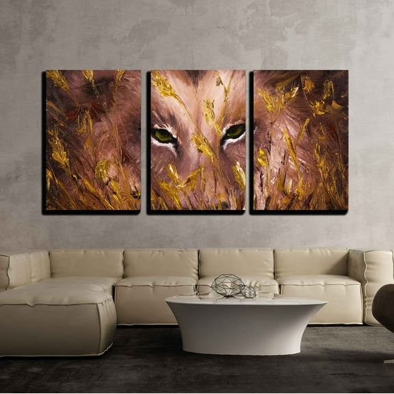 wall26 - 3 Piece Canvas Wall Art - Original Oil Painting Showing Deep Wolves Eyes Behind Grass on Canvas - Modern Home Art Stretched and Framed Ready to Hang - 24"x36"x3 Panels
