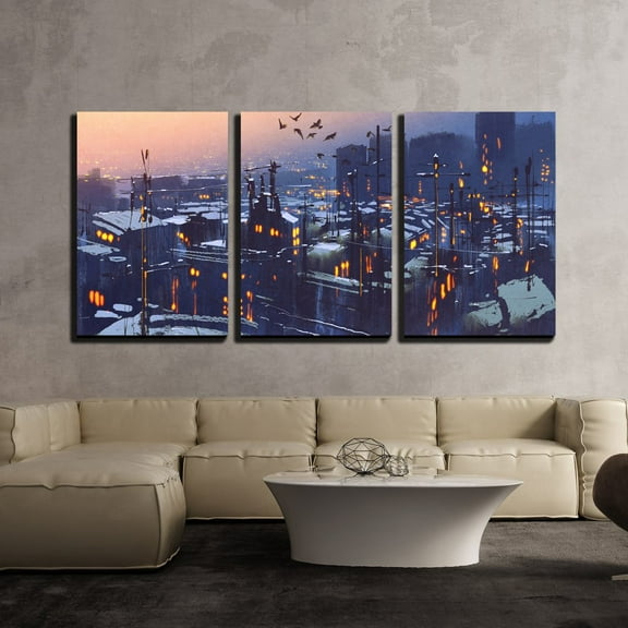 wall26 - 3 Piece Canvas Wall Art - Painting of City Snowy Winter Scene,Rooftops Covered with Snow at Sunset - Modern Home Art Stretched and Framed Ready to Hang - 16"x24"x3 Panels