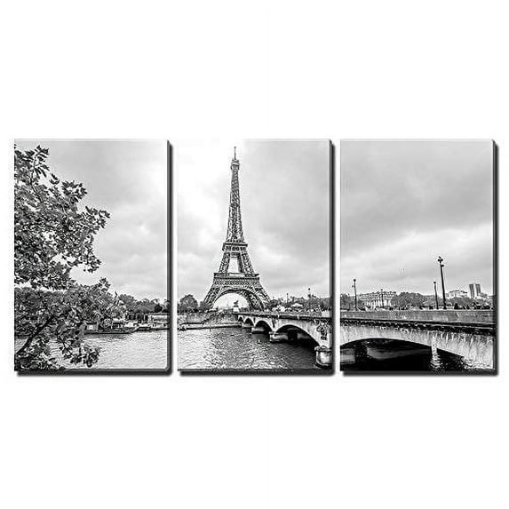 wall26 - 3 Piece Canvas Wall Art - Paris Eiffel Tower from Seine. Cityscape in Black and White - Modern Home Art Stretched and Framed Ready to Hang - 24"x36"x3 Panels