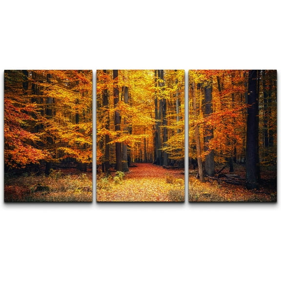 wall26 - 3 Piece Canvas Wall Art - Pathway in The Autumn Park - Modern Home Art Stretched and Framed Ready to Hang - 16"x24"x3 Panels