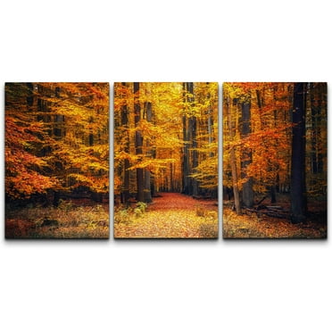 wall26 - 3 Piece Canvas Wall Art - Pathway in The Autumn Park - Modern Home Art Stretched and Framed Ready to Hang - 24&quot;x36&quot;x3 Panels