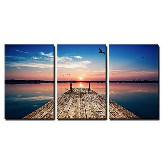 wall26 - 3 Piece Canvas Wall Art - Perspective View of a Wooden pier on The Pond at Sunset with Perfectly specular Reflection - Modern Home Art Stretched and Framed Ready to Hang - 24"x36"x
